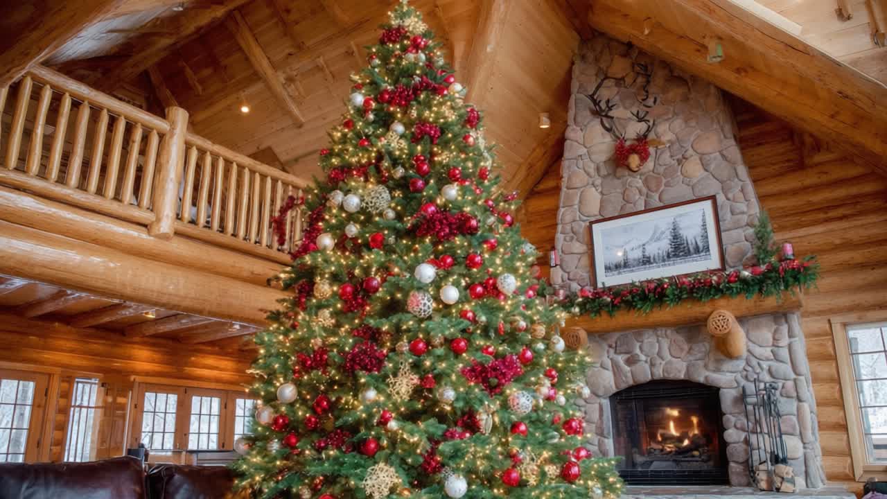 A Cozy Rustic Cabin Decorated for the Holidays with a Magnificent Christmas Tree Glimmering under Soft Lights and a Warm Fireplace Setting the Festive Scene