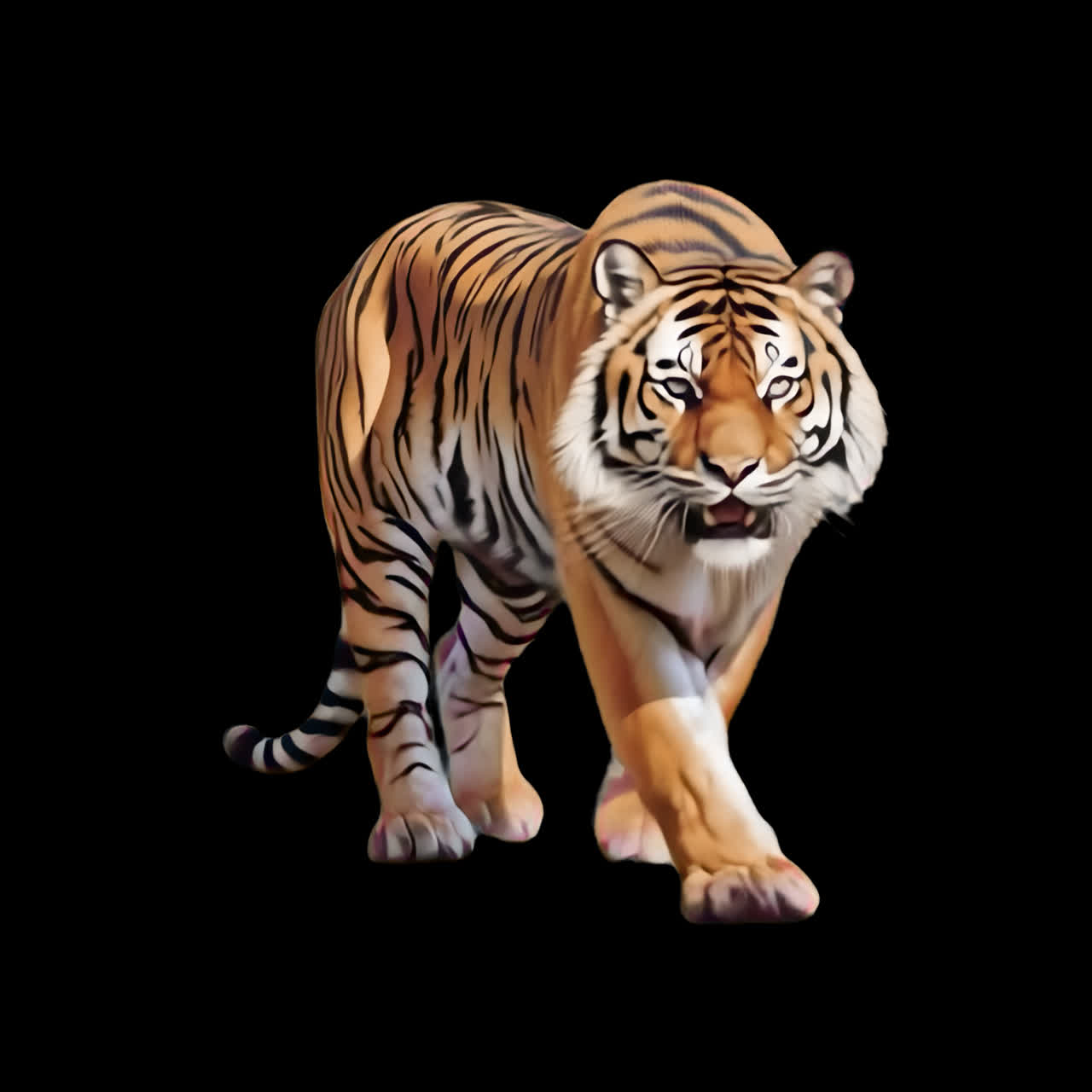 Majestic tiger walking forward gracefully animation isolated asset, transparent 4K video, alpha