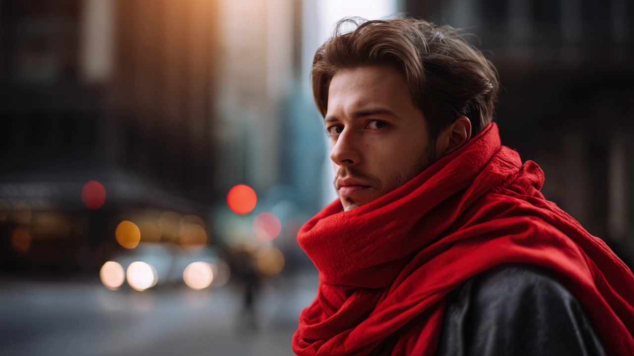 A contemplative figure wrapped in a vibrant red scarf gazes thoughtfully into the distance, embodying an aura of sophistication and urban elegance