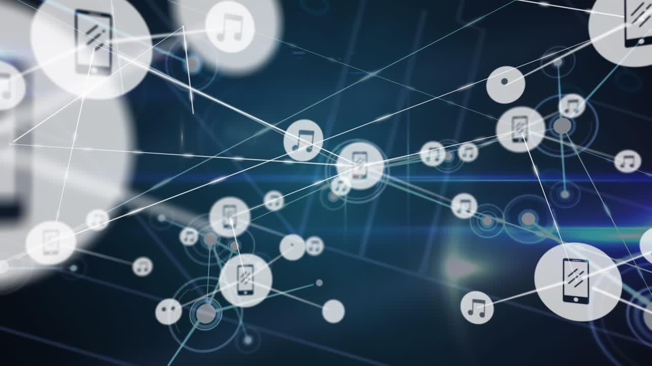 animación de una red de iconos de perfil contra un punto de luz sobre un fondo azul