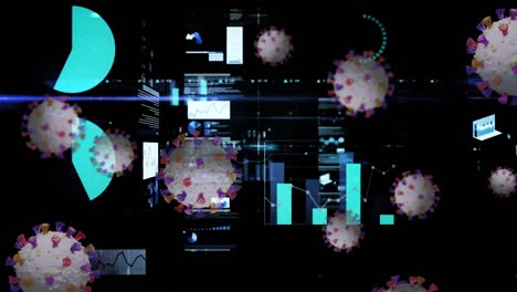 animación digital de múltiples células de covid-19 flotando contra múltiples pantallas con procesamiento de datos