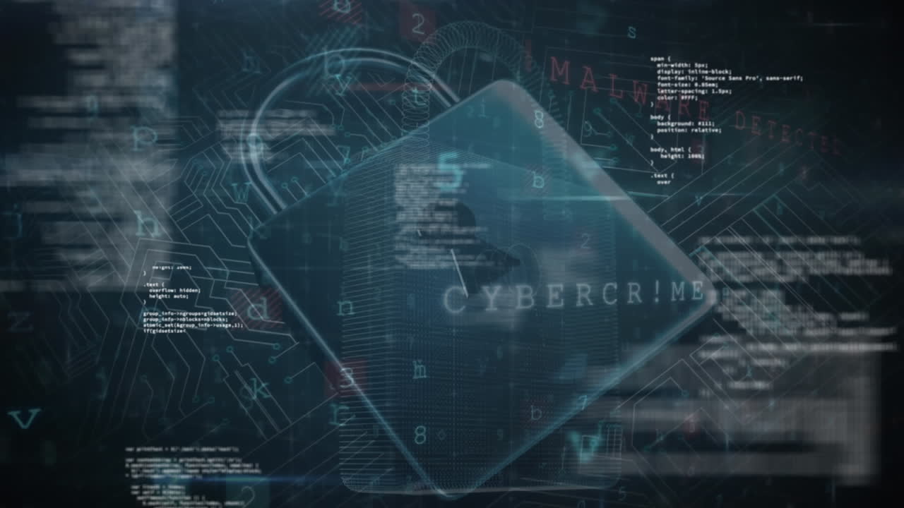 Animation of texts, numbers, letters ,computer language over padlock against circuit board pattern