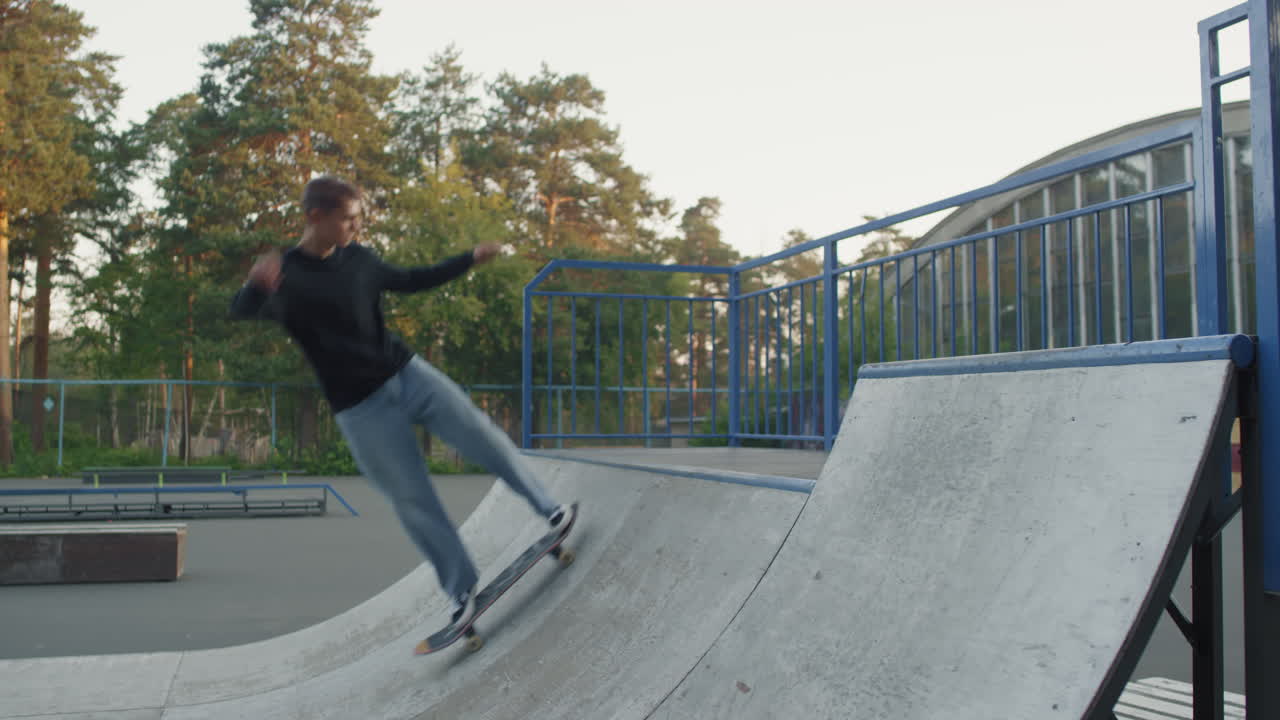19-Year-Old on Skateboard Doing Stall on Ramp