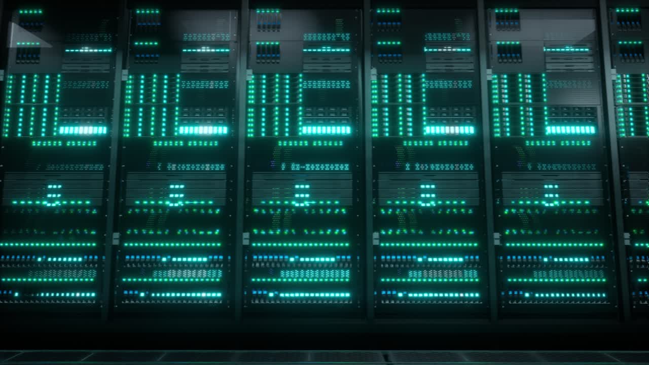 Inside Large Data Center. Advanced Cloud Computing Concept. Corridor With Server Racks And Cabinets Full Of Hard Drives