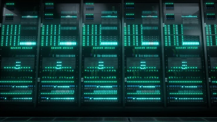 All'interno di un grande data center. Concetto avanzato di cloud computing. Corridoio con rack di server e armadi pieni di unità.