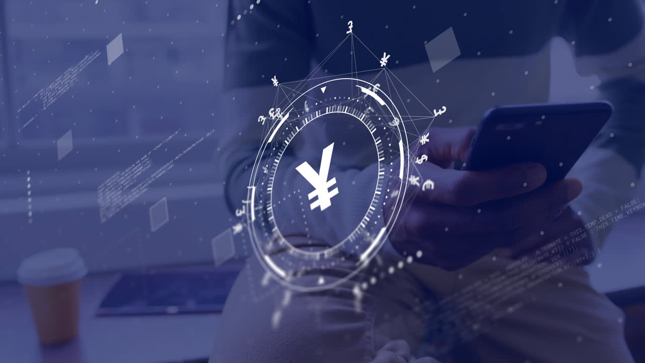 기호의 애니메이션, 스마트 폰을 사용하는 백인 남성의 네트워크 및 데이터 처리