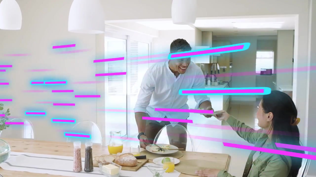 Man pushing chair and handing plate to woman clearing home table while magenta cyan streaks moving
