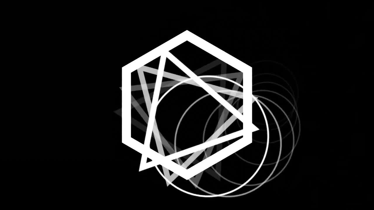 animación de múltiples contornos de triángulos y círculos sobre formas hexagonales que se mueven en un bucle sin costuras