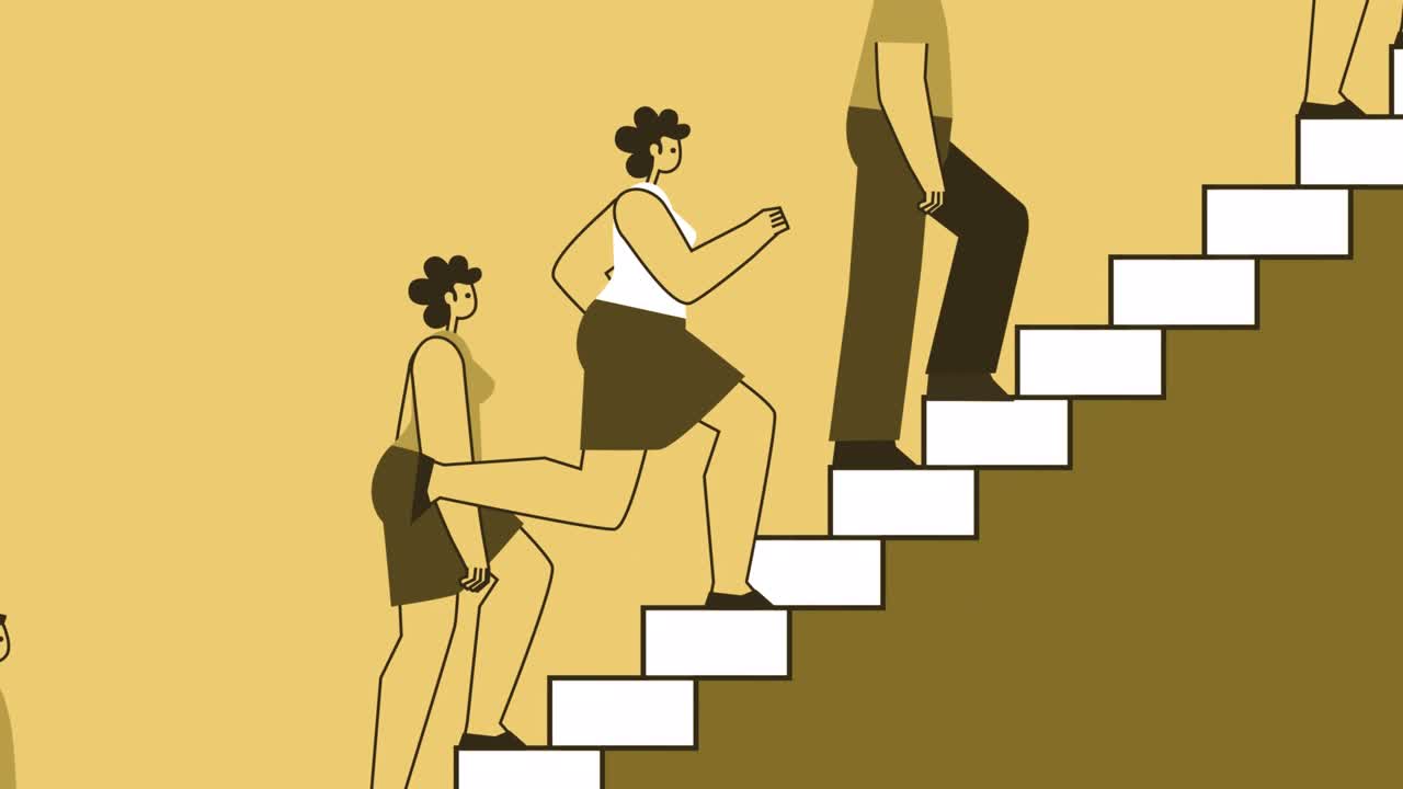 노란색 스타일의 평평한 여성 캐릭터는 계단을 달리고 사람들의 군중을 압도합니다. 알파 채널과 함께 고립 된 루프 애니메이션.