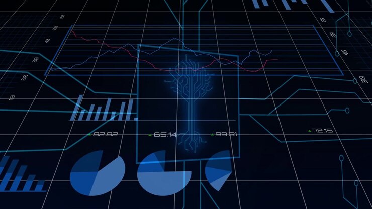 Camera pulling back initiating central histogram, pie charts animating on neon grid showing trends
