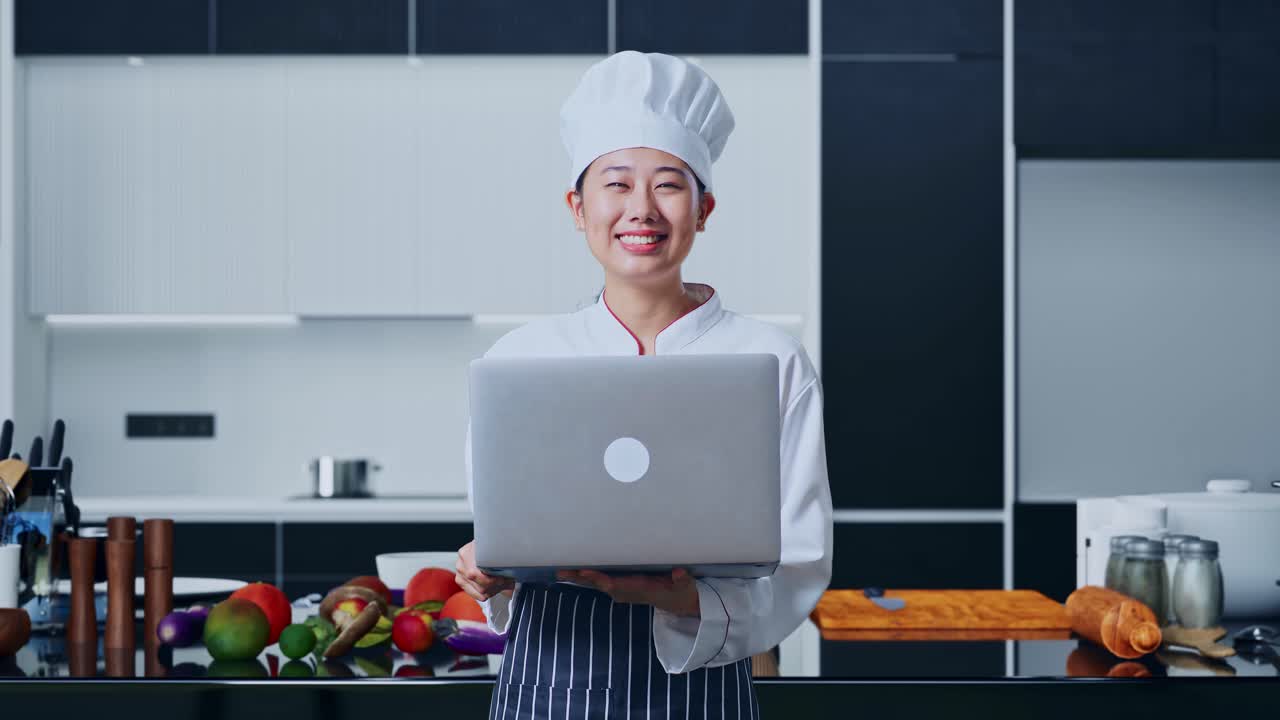 chef con computadora portátil en una cocina moderna