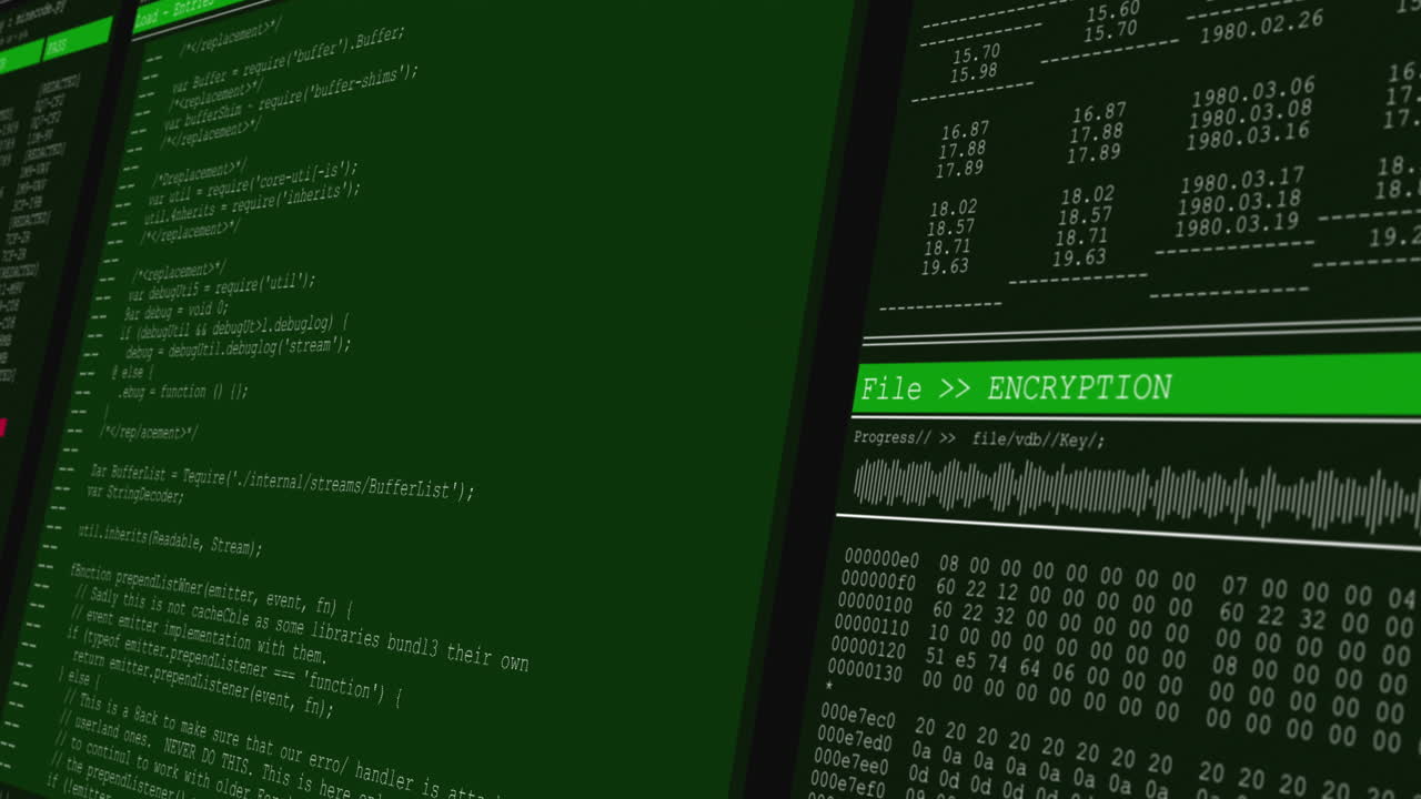 Animation of data processing on green and grey computer screens