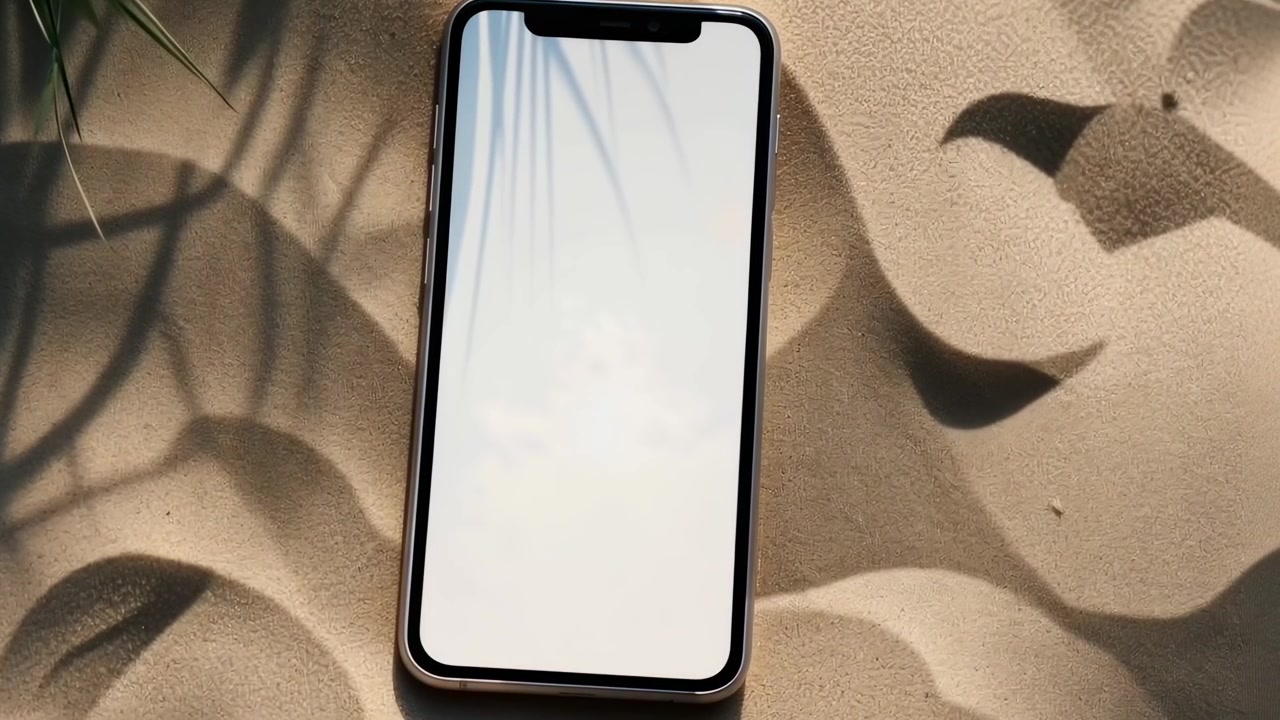 Mockup di smartphone sulla sabbia con ombre di palme in movimento