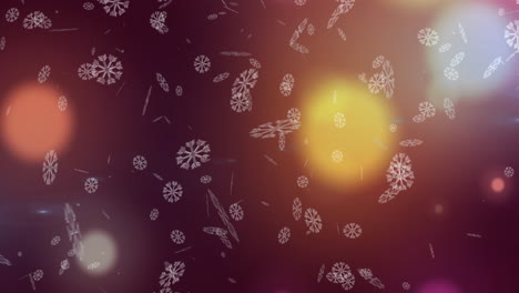animación de copos de nieve cayendo contra manchas brillantes de luz en fondo rojo con espacio de copia