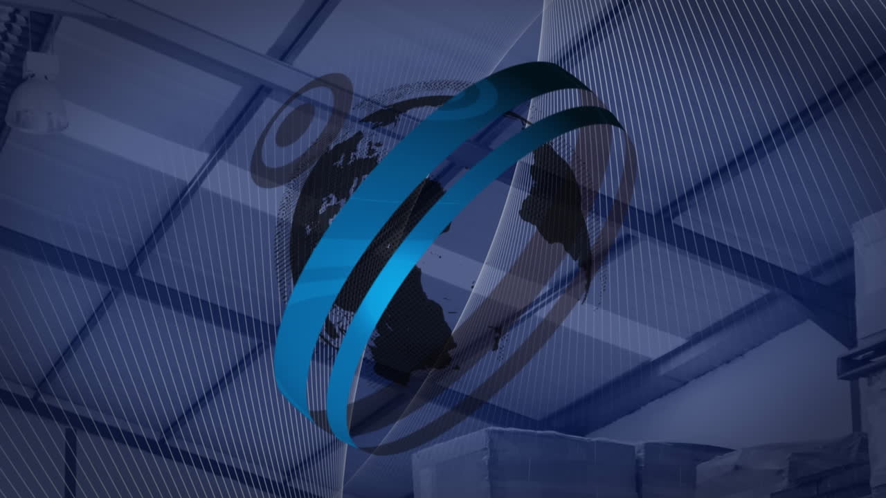 animación de escáneres redondos sobre un globo giratorio contra el techo del almacén