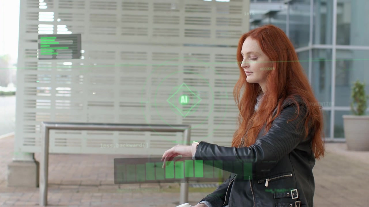 Woman sitting on bench holding cup, glancing wrist and tapping, activating AI panels checking data