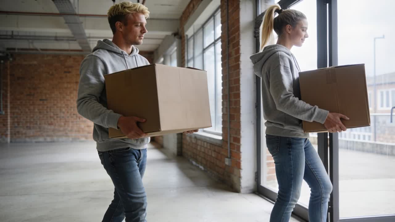 Walking two adults in hoodies and jeans carrying identical boxes toward glass door, moving out