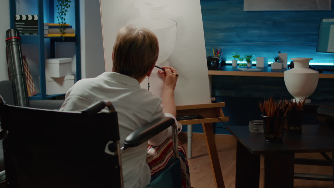 Retired person with physical impairment creating modern art design