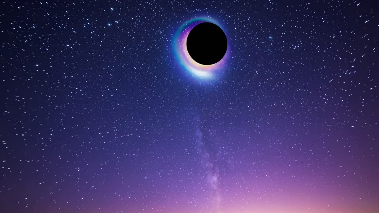 A mesmerizing cosmic scene of a solar eclipse with a colorful corona, captured from a low-angle