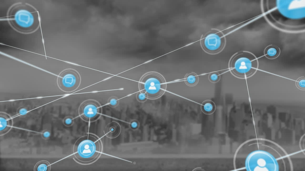 animación de una red de iconos digitales frente a una vista aérea del paisaje urbano