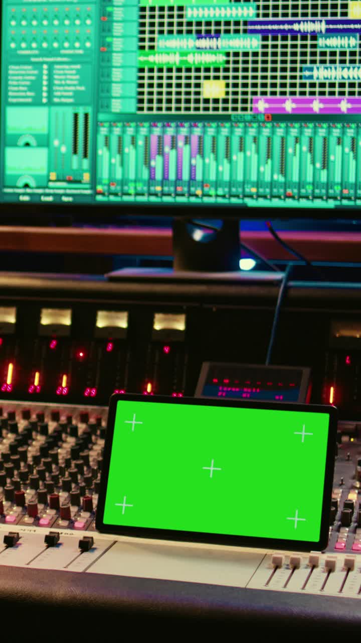 Tablet con schermo verde su console di missaggio audio in studio di registrazione