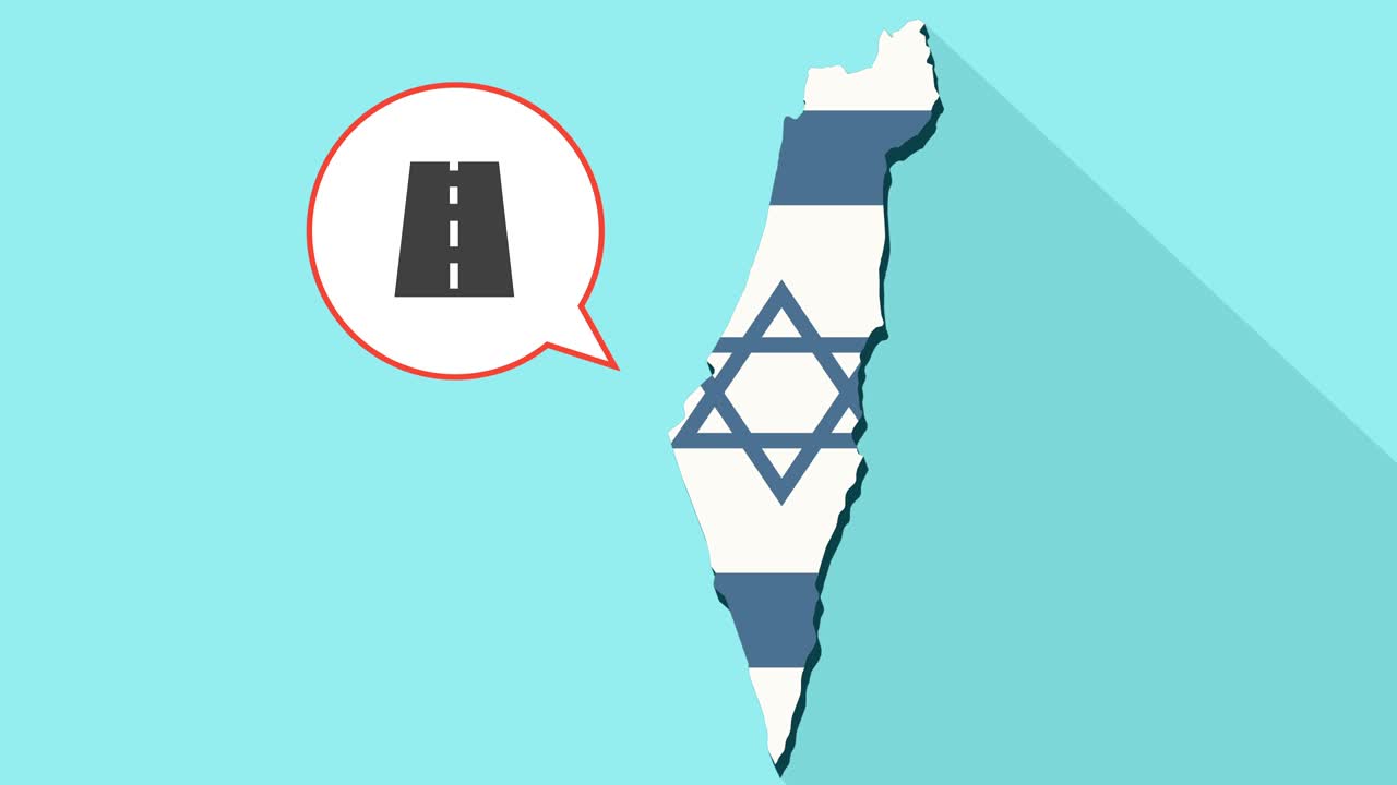 길고 그림자 모양의 이스라엘 지도와 그 발, 그리고 도로 아이콘이 있는 만화 풍선의 애니메이션