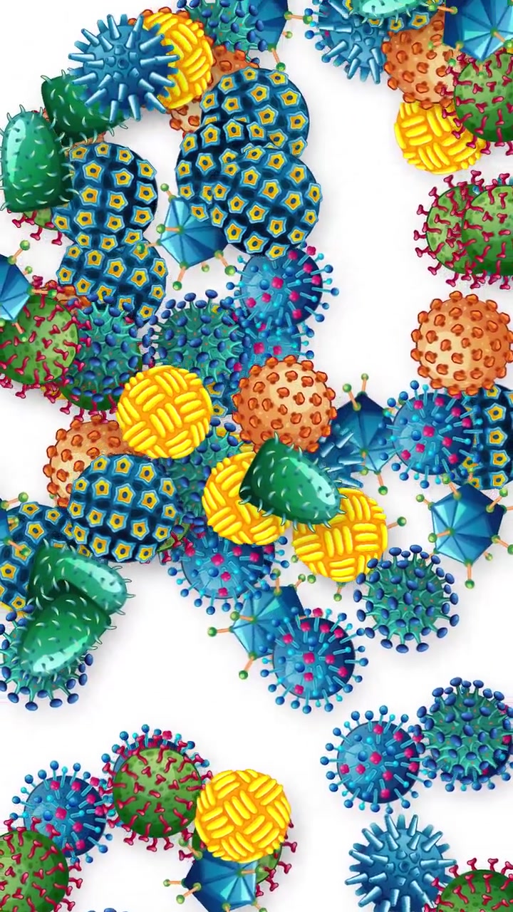 Animated Colorful Virus Cells Floating on White Background