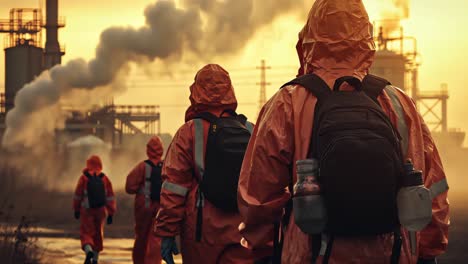 team of experts in hazmat suits inspecting industrial pollution