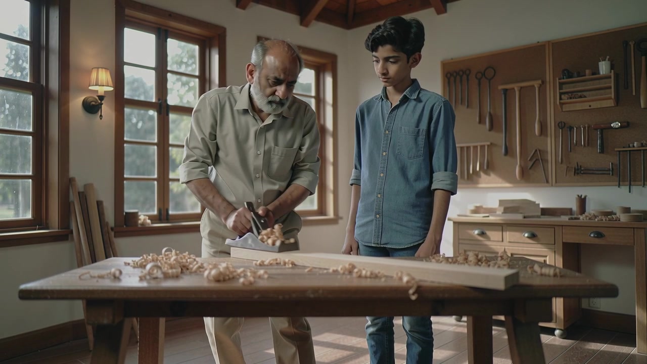 Placing plank, senior man planing with hand plane along bench in woodshop, teaching teen