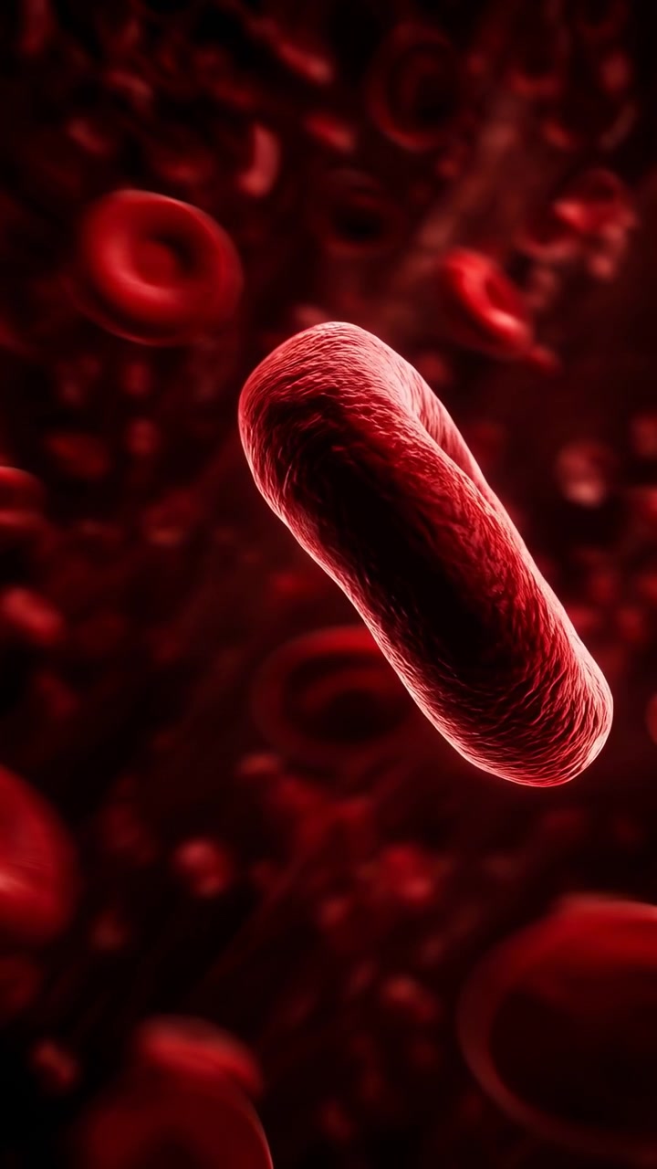 Rounded red cellular forms drift and rotate through dark fluid space, with layered depth, glowing edges, and suspended particles creating dynamic close view with rich crimson tones and motion.