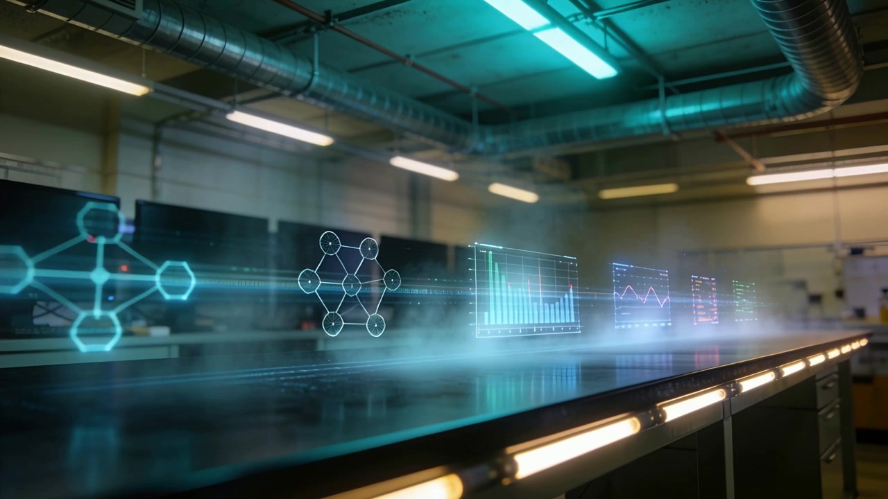 Starting waveform hologram band scrolling across table in lab showing nodes and charts for demo