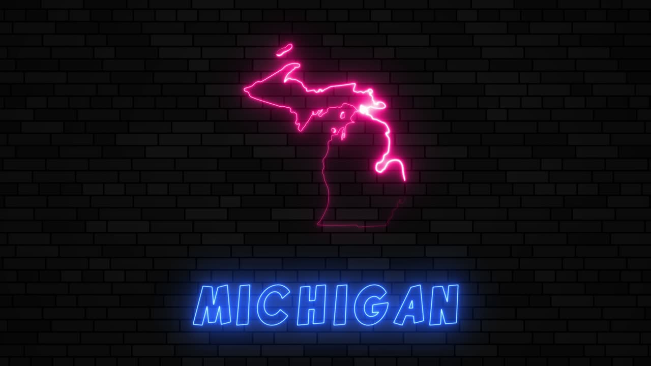 State of Michigan map silhouette with neon line on a dark brick wall background
