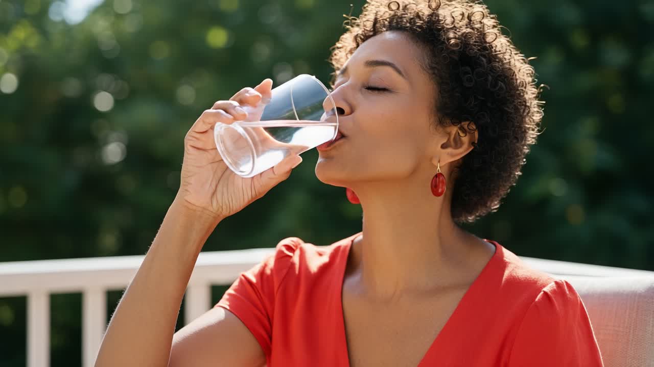 A Moment of Refreshment: A Woman Enjoying a Glass of Water on a Bright Day, Relishing the Simple Pleasure of Hydration in a Relaxed Outdoor Setting