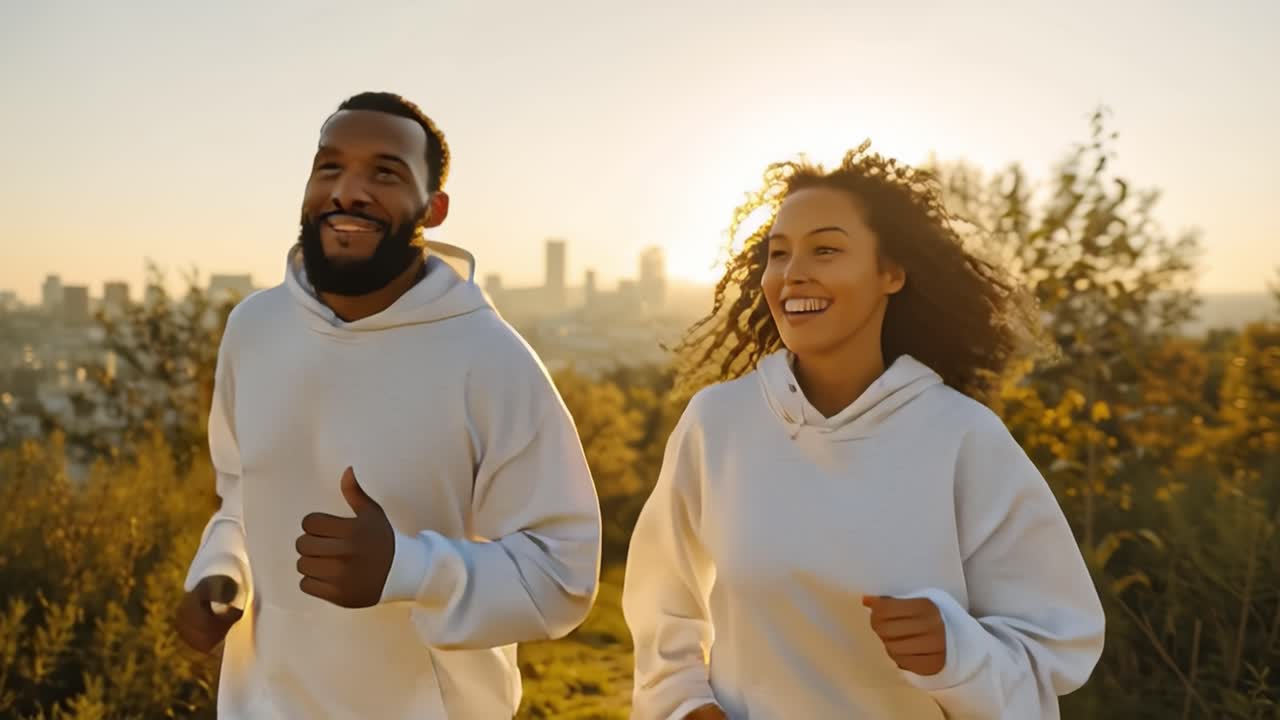Casal alegre correndo junto em um parque urbano pitoresco