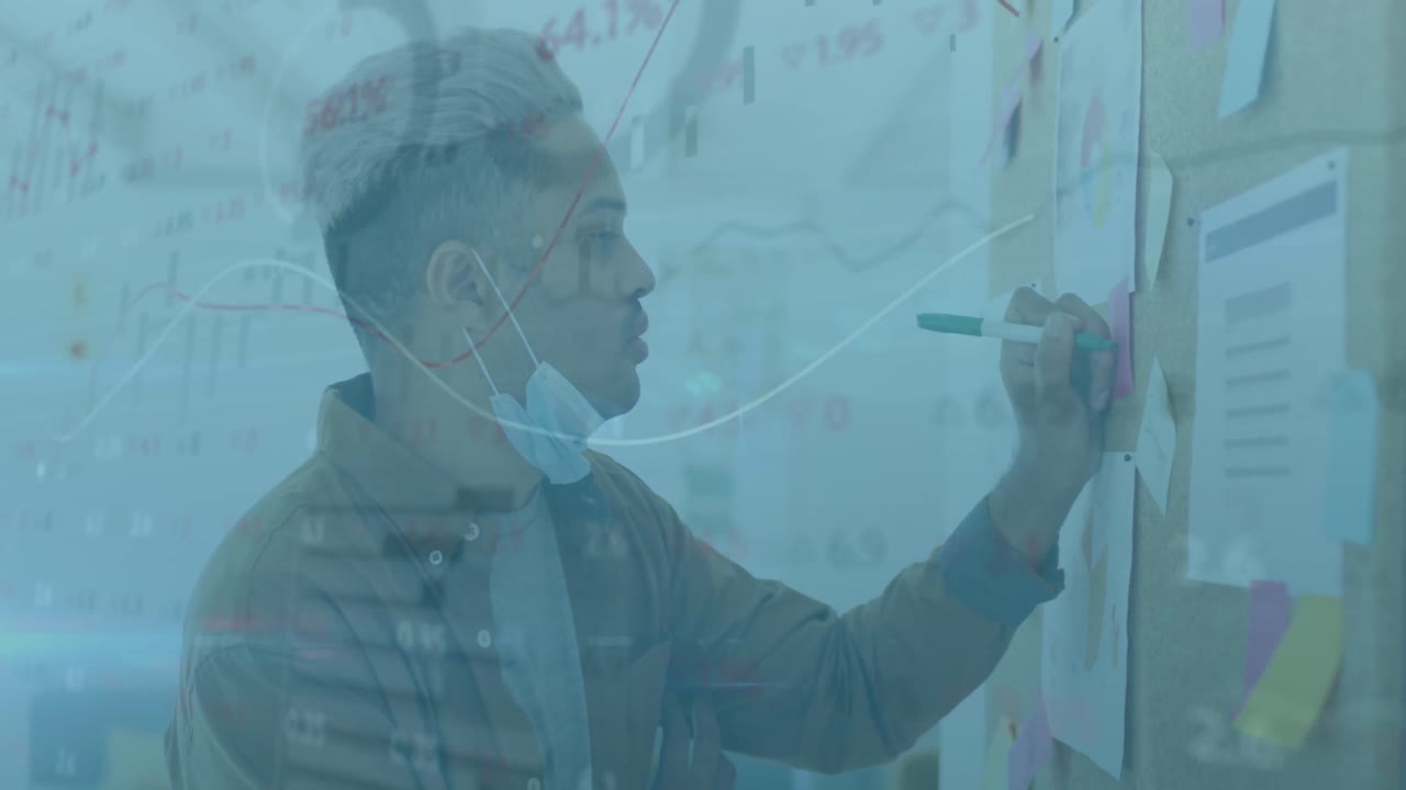 animación del procesamiento de datos financieros sobre un hombre con máscara facial escribiendo en una nota de memoria