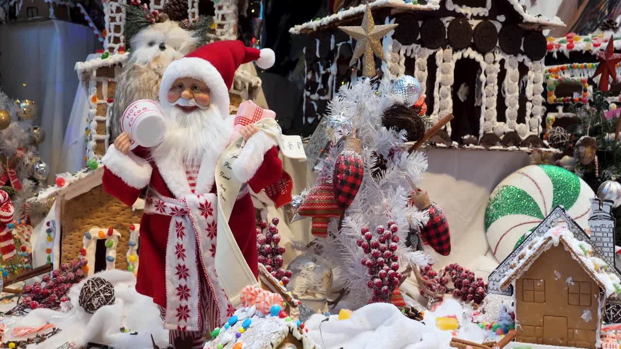 Christmas decorations arrangement, Christmas traditions with Santa Claus, gingerbread houses, candy's, toys, Christmas tree.