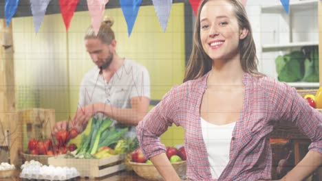 Animation-of-financial-data-processing-over-caucasian-woman-in-grocery-store