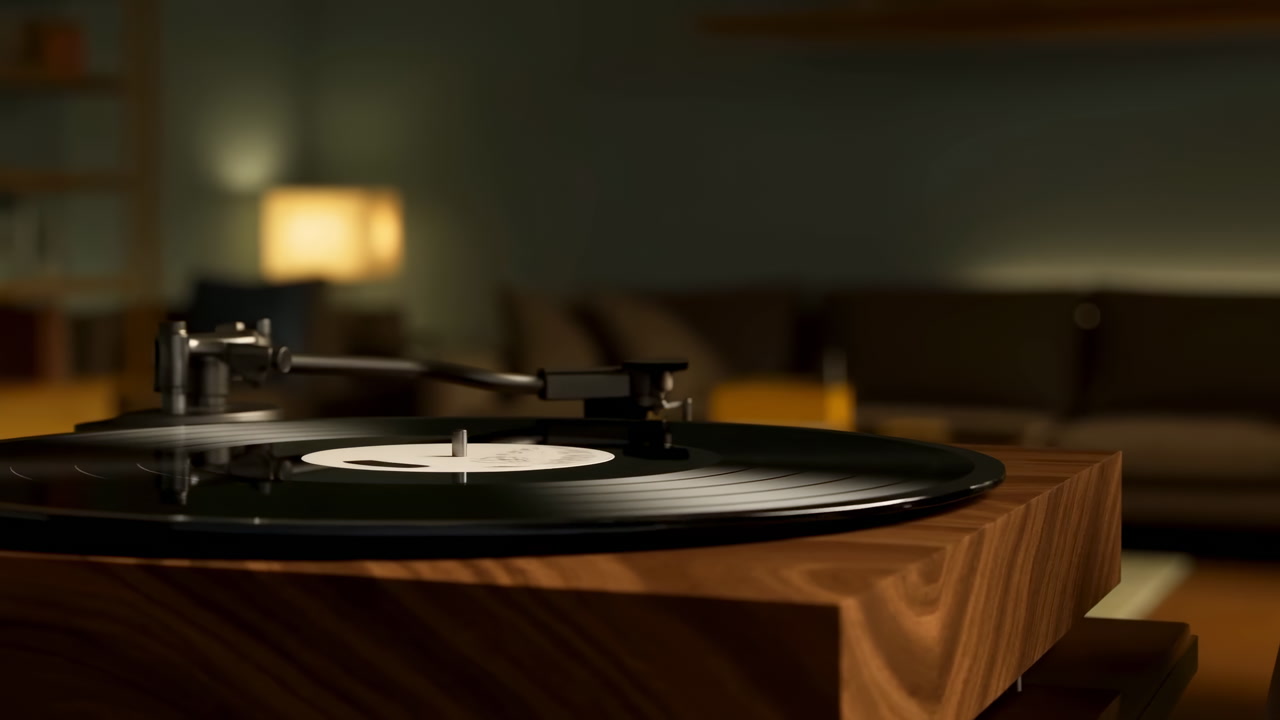 Warm Living Room Vinyl Turntable Closeup. Wooden Walnut Base, Spinning Record Under Tonearm, Stylus Tracing