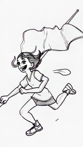 energetic girl running with flag line art