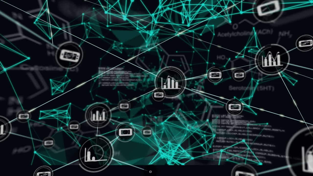 Animation of connected dots over computer language and geometric shapes on black background