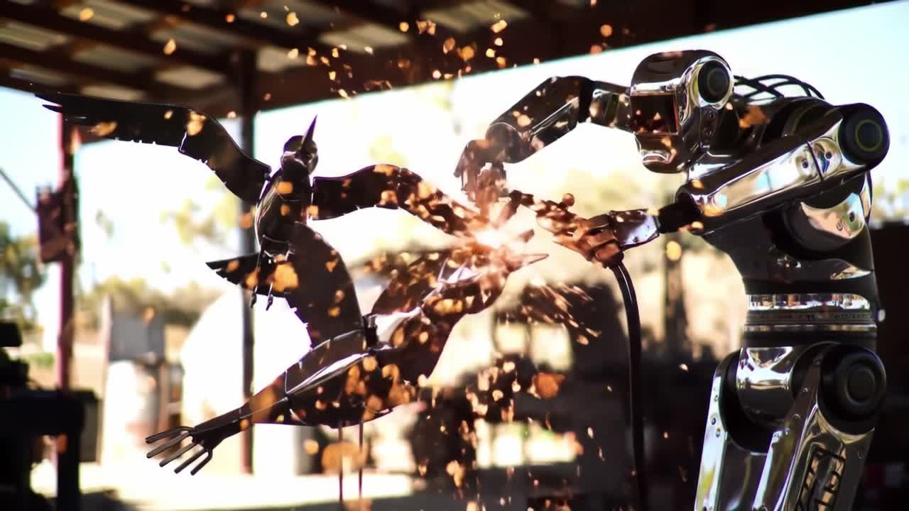 A robot expertly welds metal pieces together to create a detailed bird sculpture in a sunlit workshop. Sparks fly as the machine demonstrates precision and creativity in its craft.