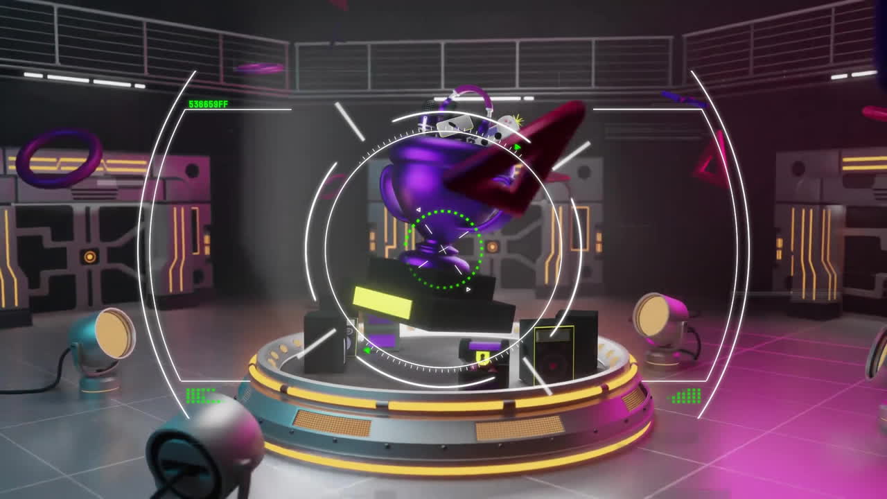 Animation of scope scanning over cyber room with cup