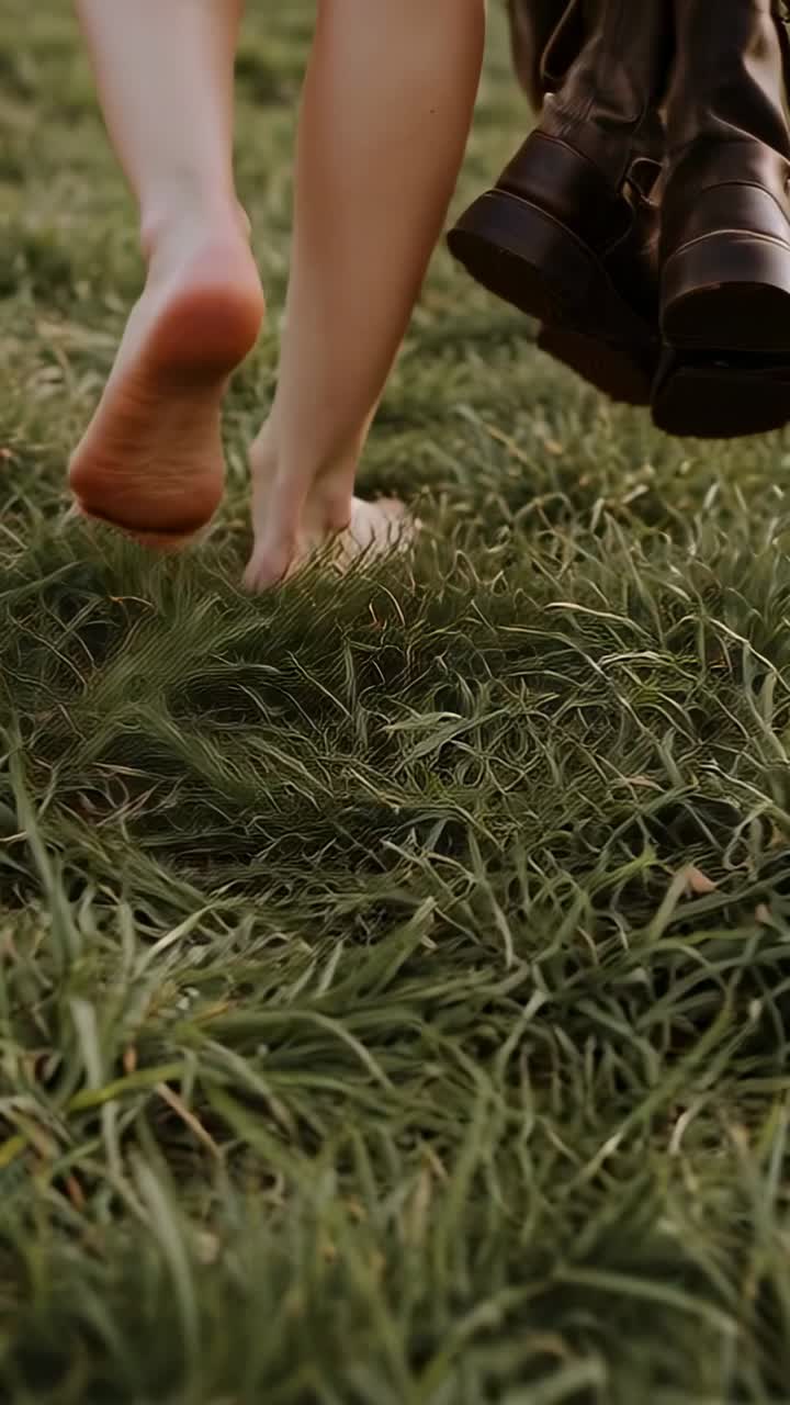 Vertical video: Right foot lifting she walking barefoot across field carrying brown boots by laces