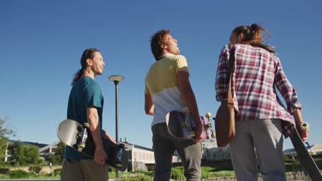 Back-view-of-happy-caucasian-woman-and-two-male-friends-spending-time-together-on-sunny-day
