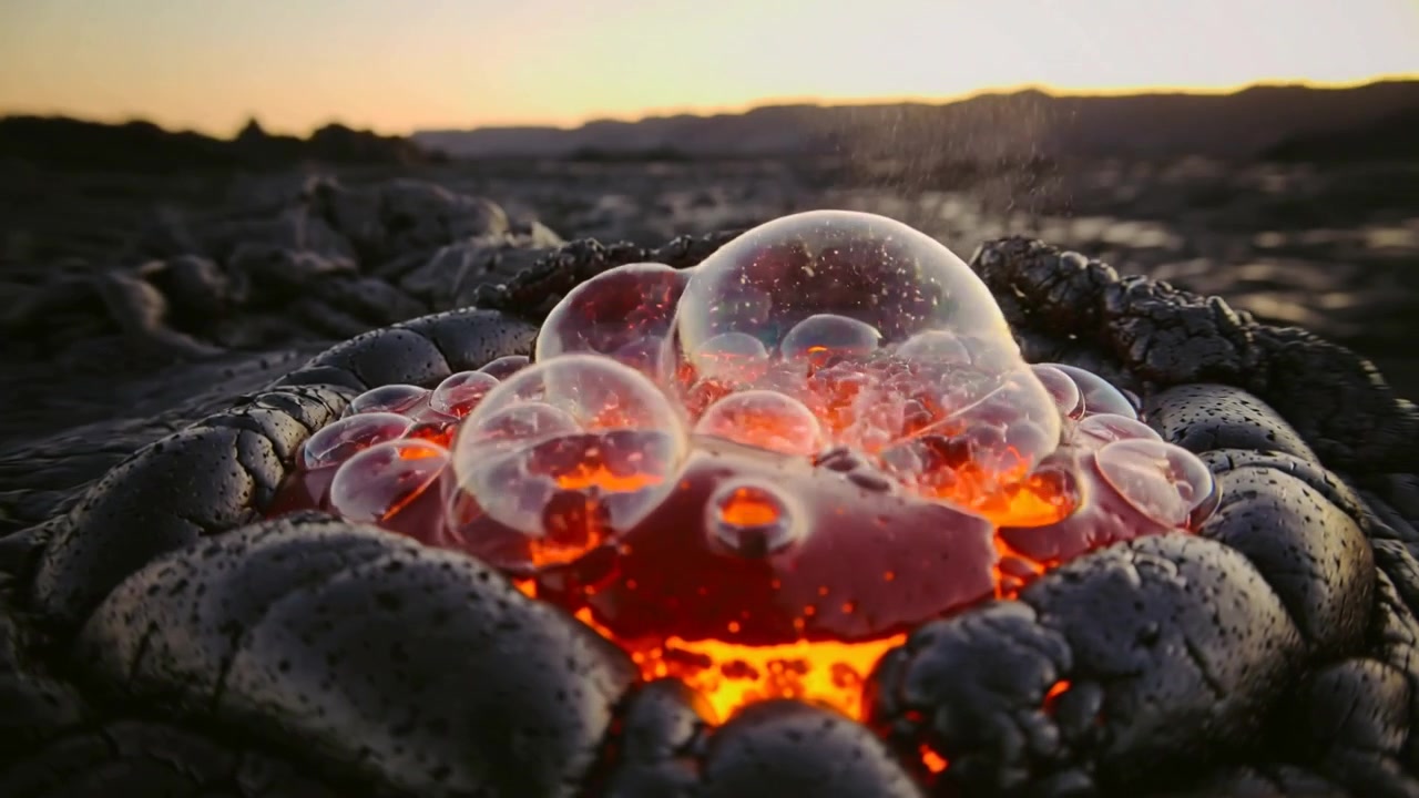 Gas che si sprigiona, pozza centrale di lava fusa che forma bolle chiare e vitree al tramonto, riflettendo il bagliore.