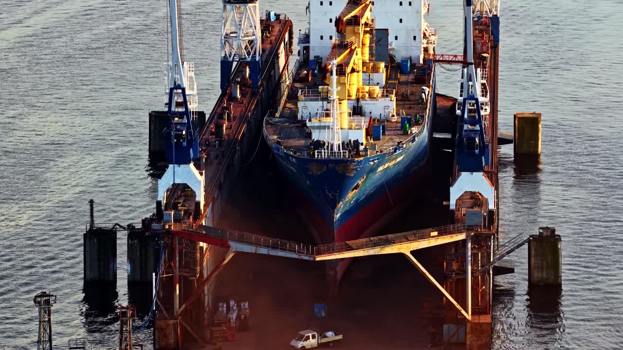 Aerial View of a Vessel in a shiplift for Repair in Industrial Port Facility