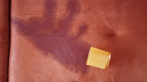 orange juice spill on brown sofa