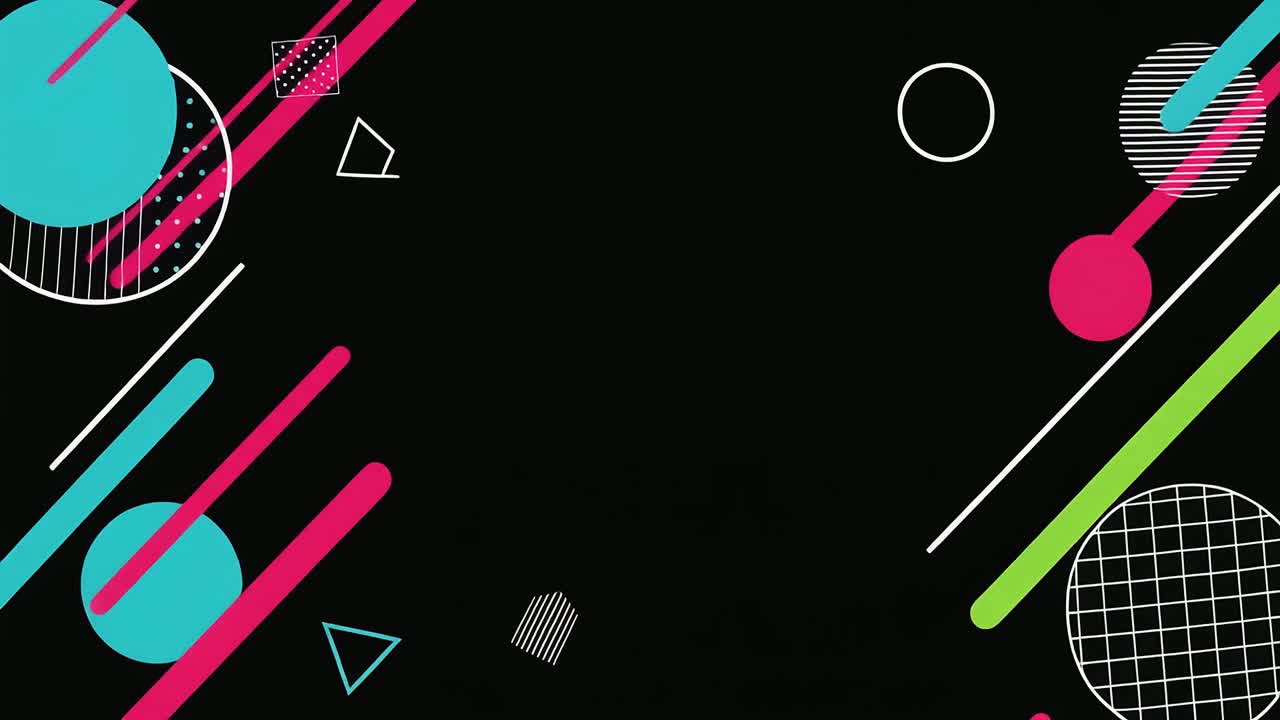 Animazione dinamica di forme geometriche colorate su sfondo nero.