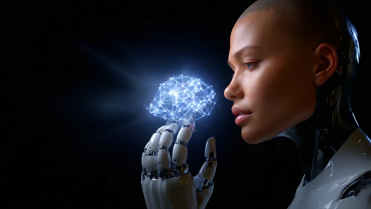 A futuristic humanoid robot explores the concept of artificial intelligence, gazing intently at a glowing neural network symbol in its mechanical hand
