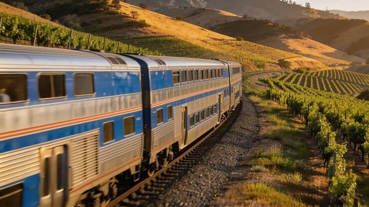 Approaching camera, silver-blue double-decker train rounding vineyard track curve, carrying riders